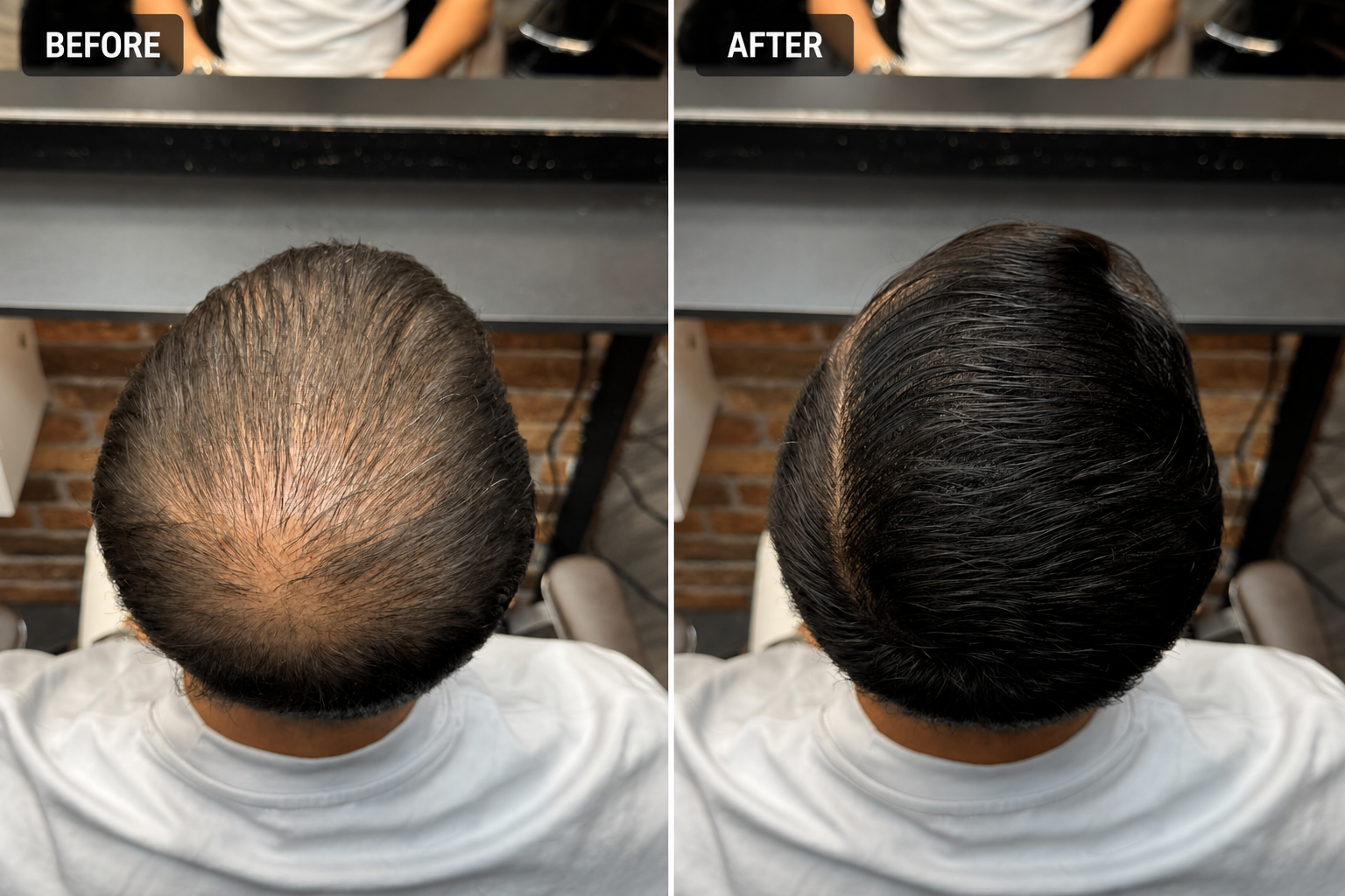 Hair concealer root touch-up cream, showing covered scalp area on dark hair roots