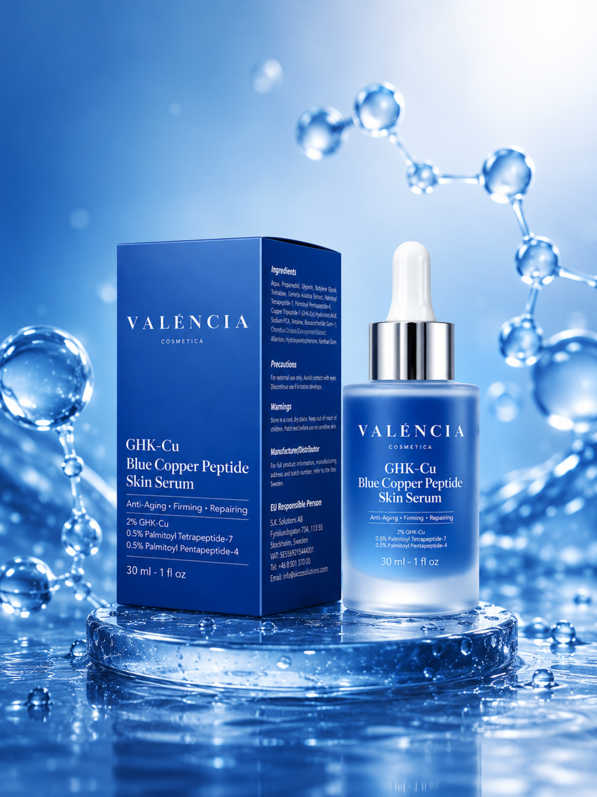 GHK-Cu blue copper peptide skincare serum bottle with matching box and dropper