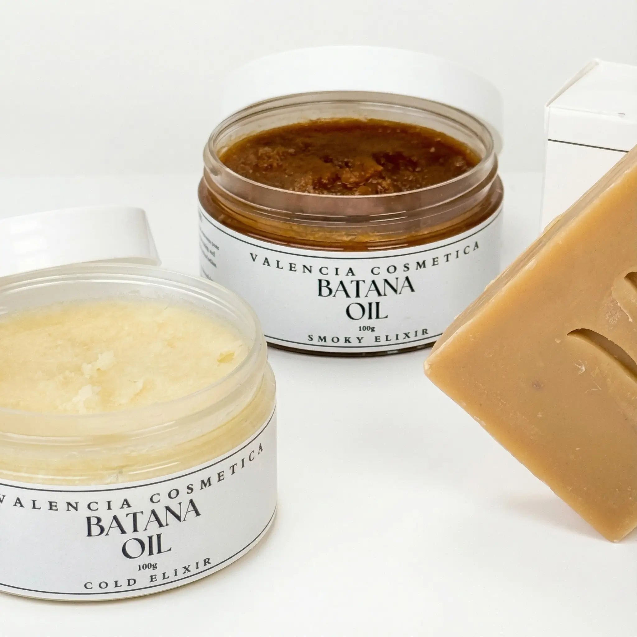 Valéncia cold pressed and warm pressed batana oil jars – part of the complete hair and skin care set