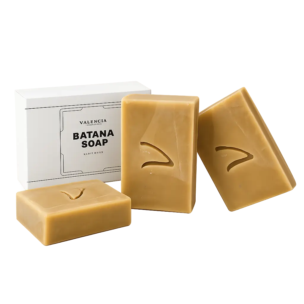Shampoo and body soap bar set from VALÉNCIA: tan bars with leaf imprint beside boxes