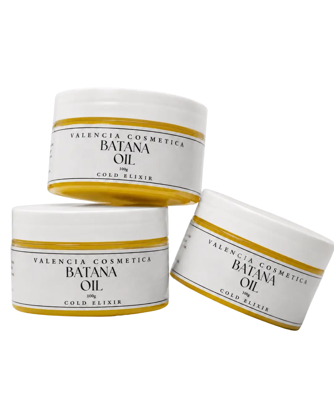 Batana oil jar set with white lids and gold label, three containers