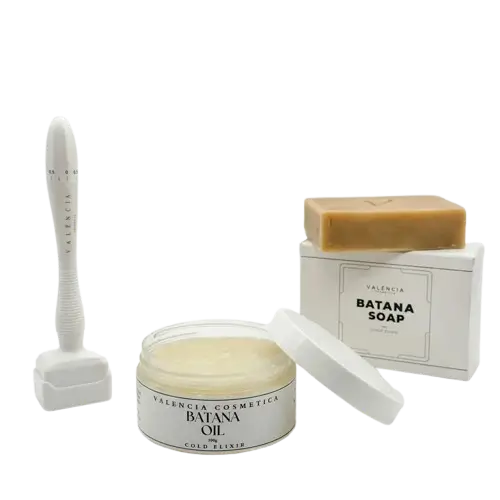 VALÉNCIA batana oil set with jar, microneedling tool, soap bar, and box