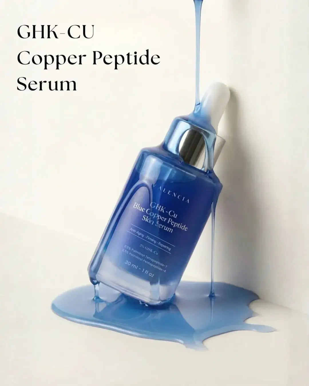 Copper peptide serum bottle with dropper and blue liquid flow