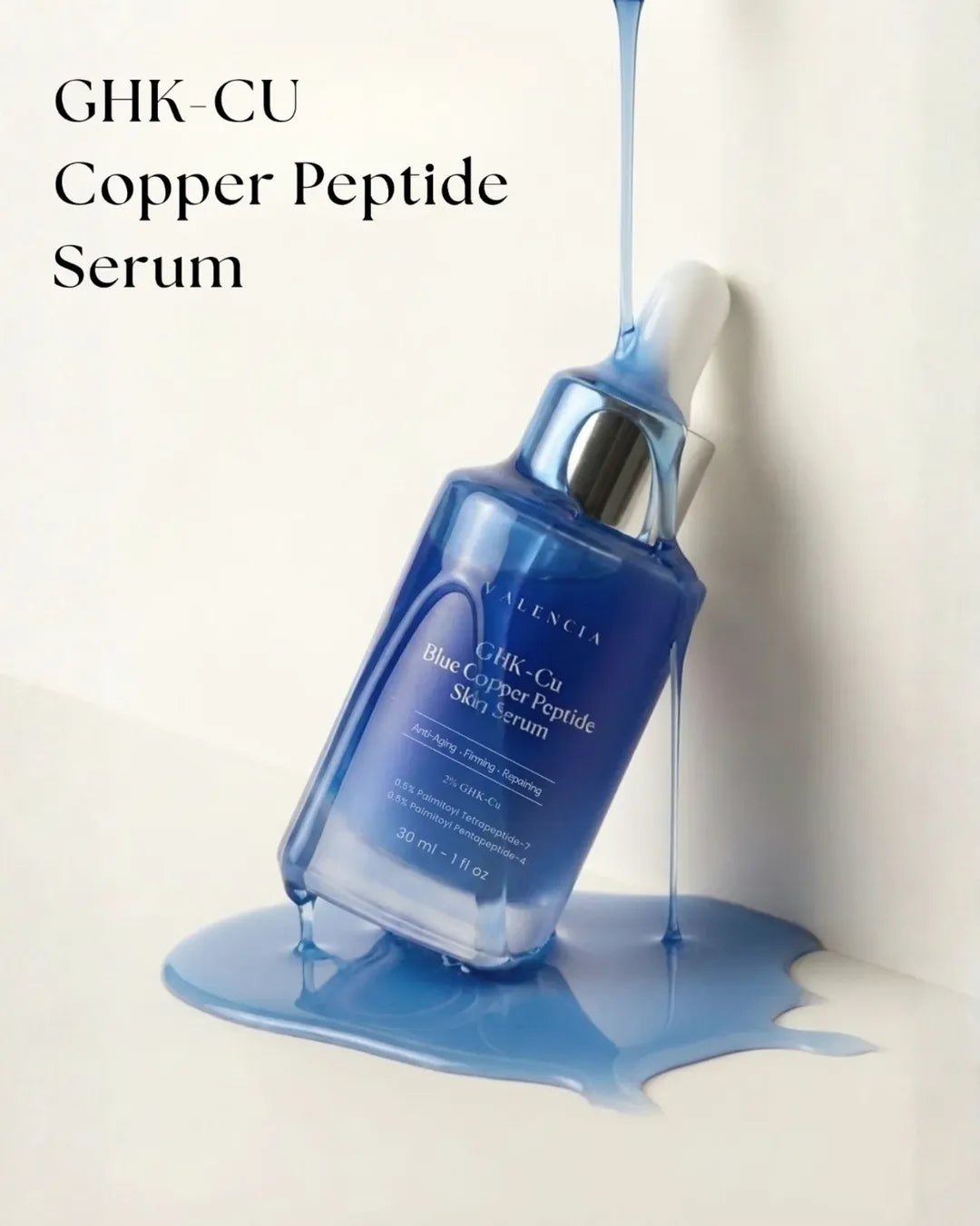 GHK-CU Copper Peptide Serum bottle with blue liquid dripping from it on a light background