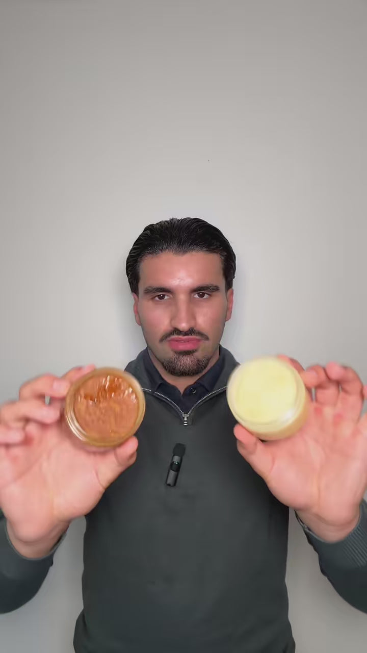 Video showing Valéncia Batana Oil Duo Set – man presenting warm pressed and cold pressed batana oil jars for hair and skin care